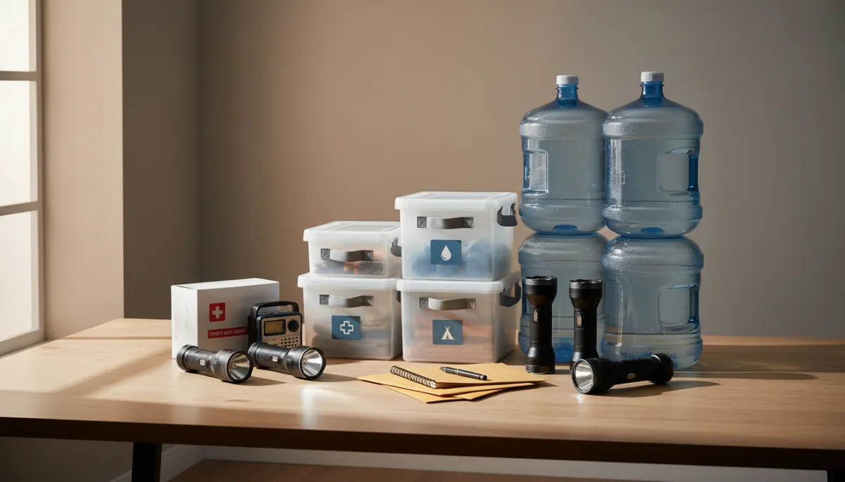 Organized emergency supplies and documents prepared in a home environment Organized emergency supplies and documents prepared in a home environment