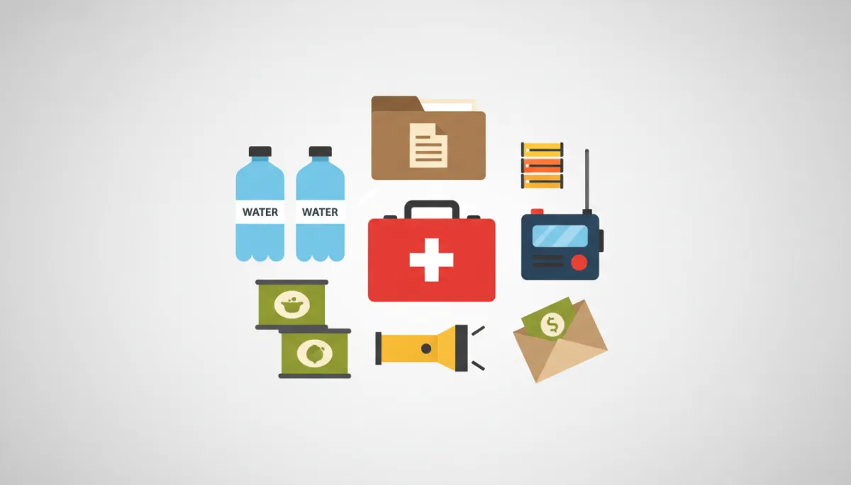 Organized emergency kit with labeled essential supplies laid out on a table Organized emergency kit with labeled essential supplies laid out on a table